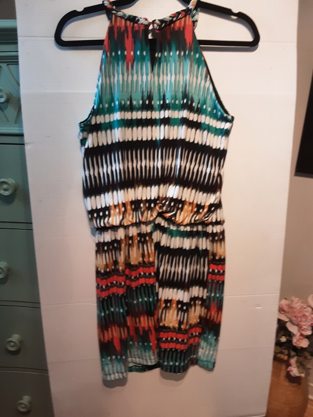Multi-Color Patterned Halter Midi Dress